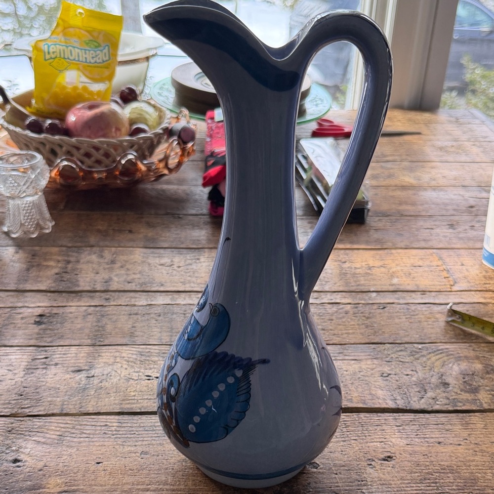 Beautiful Mexican Tonala Art Ceramic Pitcher with Blubird and Floral Design